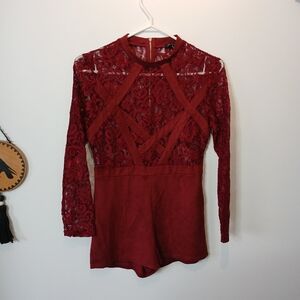 Red Lace Long Sleeve Romper With Gold Zipper Shinestar